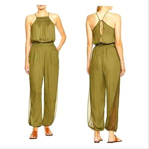  HALSTON women's Silk  Sleeveless Square-neck Jumpsuit With Smocking